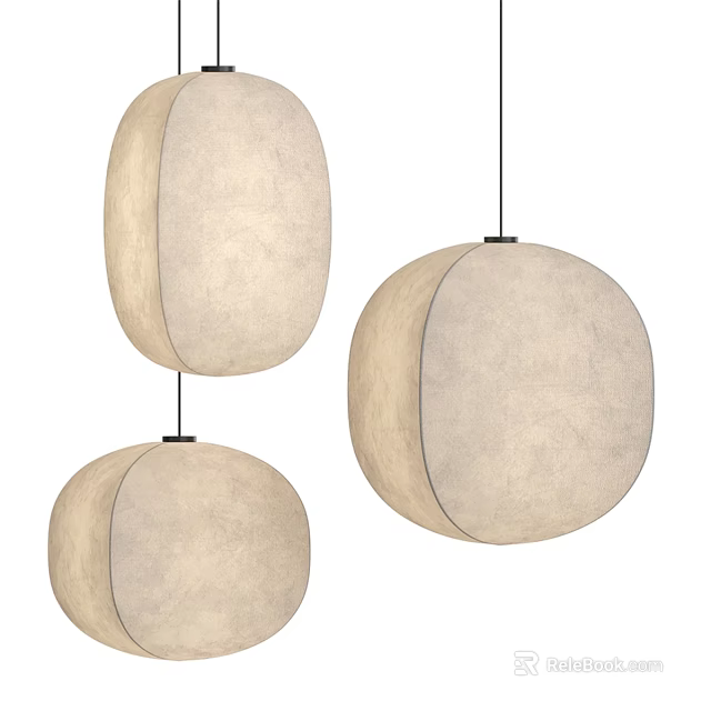 Three Modern Minimalist Round Pendant Lights With Beige Linen Fabric Shades 3d model 