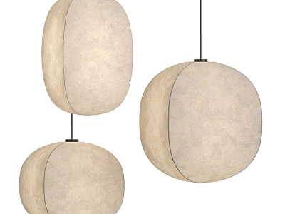 Three Modern Minimalist Round Pendant Lights With Beige Linen Fabric Shades 3d model