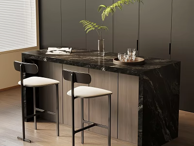 Modern Black Marble Bar Counter With White Cushioned Bar Stools And Green Plant 3d model