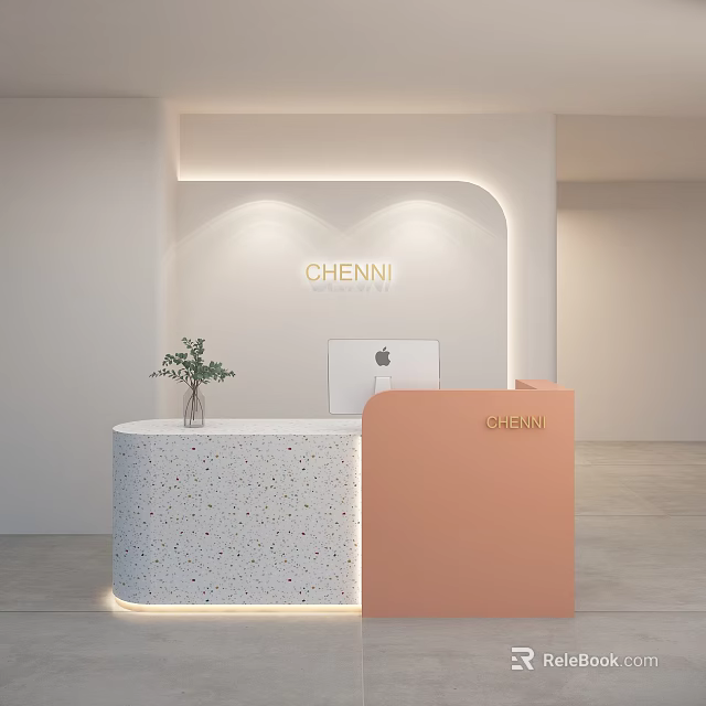 Modern Front Desk With Terrazzo Countertop Peach Section CHENNI Logo Apple Computer Plant Soft Lighting 3d model 