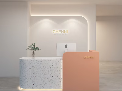 Modern Front Desk With Terrazzo Countertop Peach Section CHENNI Logo Apple Computer Plant Soft Lighting 3d model