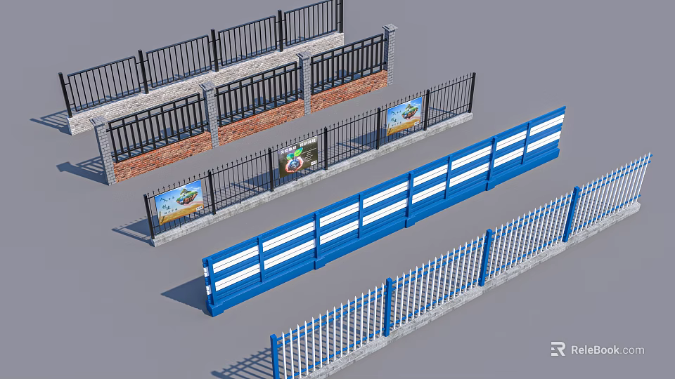 Building Exterior Wall Guardrails With Black Railings Brick Walls Blue Stripes And Advertisement Posters 3d model 