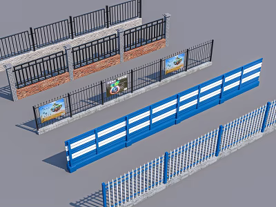 Building Exterior Wall Guardrails With Black Railings Brick Walls Blue Stripes And Advertisement Posters 3d model