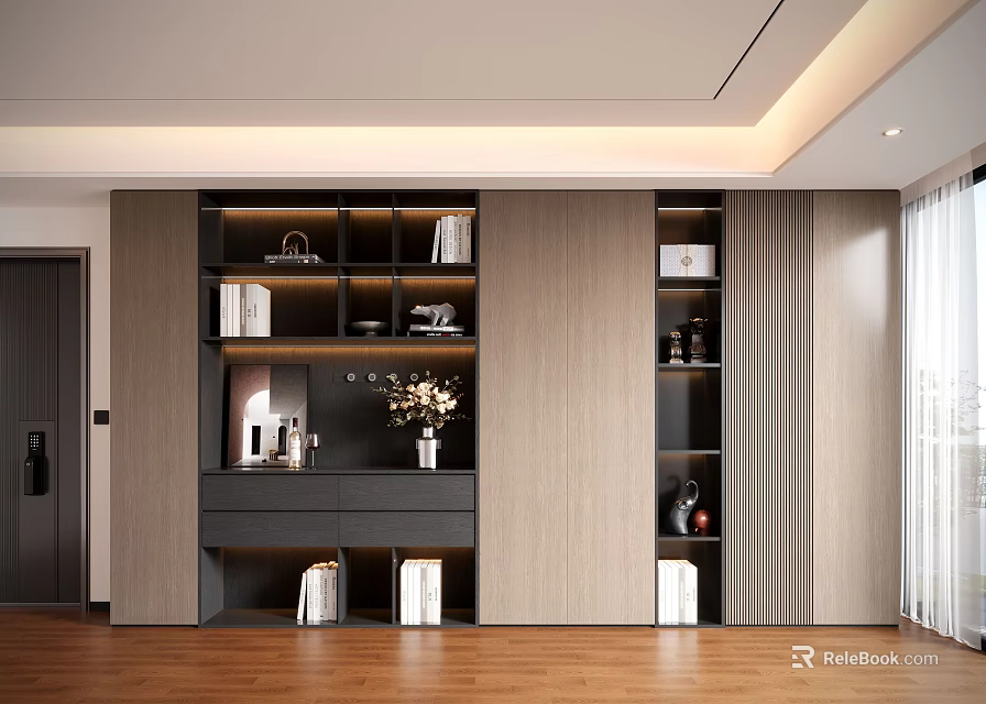 Modern Wooden Decorative Cabinet With Shelves And Display Items In Living Room 3d model 