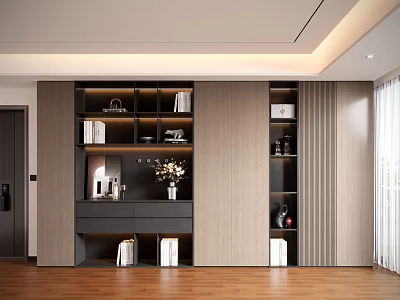 Modern Wooden Decorative Cabinet With Shelves And Display Items In Living Room 3d model
