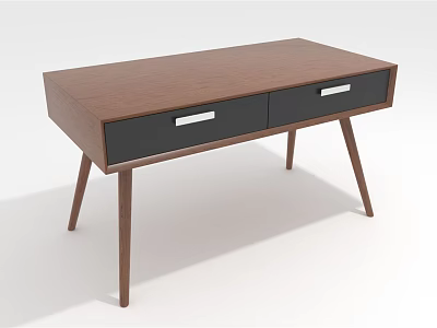 Modern Brown Wooden Desk With Two Drawers Silver Handles And Slender Legs 3d model
