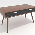 Modern Brown Wooden Desk With Two Drawers Silver Handles And Slender Legs