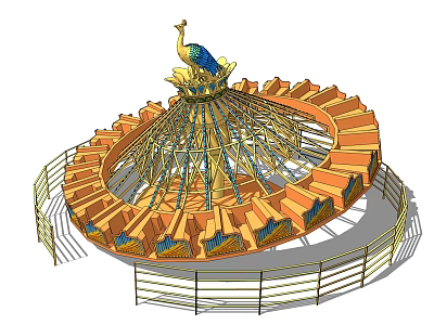 Rotating Amusement Ride with Peacock Decoration and Colorful Seats Surrounded by Safety Fence 3d model