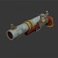 Vintage Metal Cannon Weapon Featuring Red Yellow Accents And Rustic Decorative Details