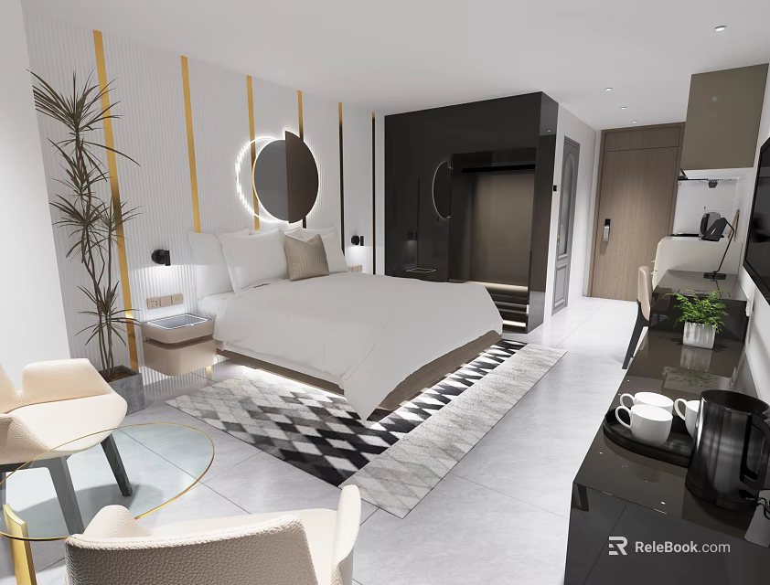 Modern Hotel Room Interior With Comfortable Bed Nightstand Armchair And Geometric Rug 3d model 