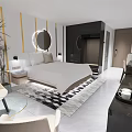 Modern Hotel Room Interior With Comfortable Bed Nightstand Armchair And Geometric Rug