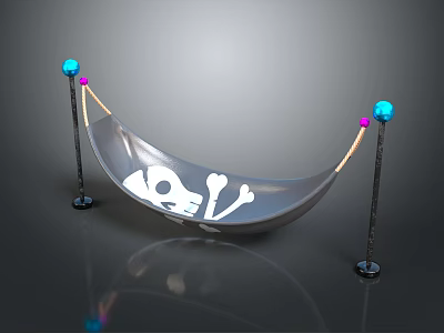 Stylish Silver Hammock With Skull And Bones Design Black Poles Blue Balls And Pink Ropes 3d model
