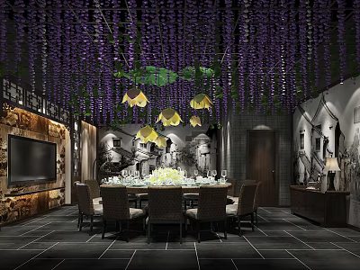 Elegant Private Dining Room With Purple Hanging Decor Round Table Chairs And Lotus Pendant Lights 3d model