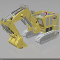 Large Yellow Tracked Excavator with Long Mechanical Arm and Bucket on Dark Background with Reflection