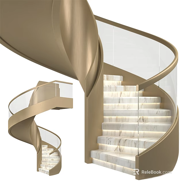Elegant Modern Spiral Staircase Interior Design With Marble Steps Glass Balustrade And Metal Railing 3d model 