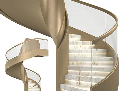 Elegant Modern Spiral Staircase Interior Design With Marble Steps Glass Balustrade And Metal Railing 3d model
