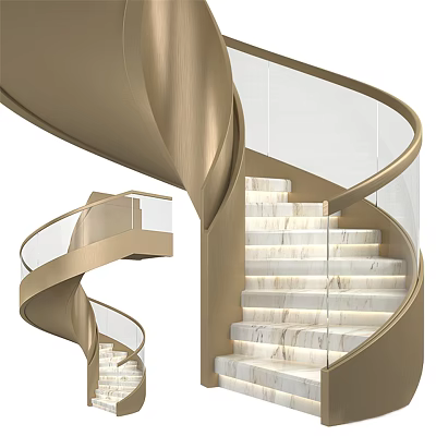 Elegant Modern Spiral Staircase Interior Design With Marble Steps Glass Balustrade And Metal Railing 3d model