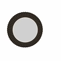 Round Mirror with Ruffled Frame on Gray Wall Reflecting Curtains Plant and Wall Section