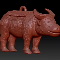 Artistic Red Ox Sculpture Featuring Intricate Carved Patterns And Classic Design