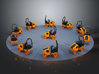 Orange Small Road Roller Construction Vehicles Arranged in Circular Formation 3d model