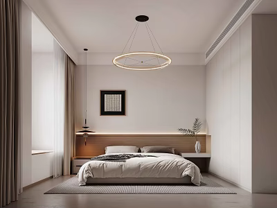 Modern Minimalist Bedroom Interior Design With Round Pendant Light Headboard Wall Art And Green Plant 3d model