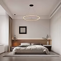 Modern Minimalist Bedroom Interior Design With Round Pendant Light Headboard Wall Art And Green Plant