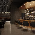 Modern Bar Interior With Stone Walls Drinks Shelves Tables And Ambient Lighting
