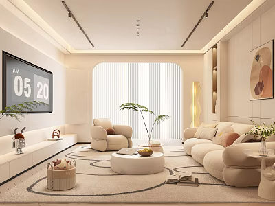 Modern Living Room Interior With Beige Sofa Round Coffee Table Floor Lamp And Potted Plant 3d model