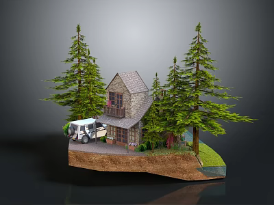 Cartoon Scene with Cozy House Green Pine Trees and White Car on Grass 3d model