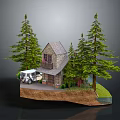 Cartoon Scene with Cozy House Green Pine Trees and White Car on Grass
