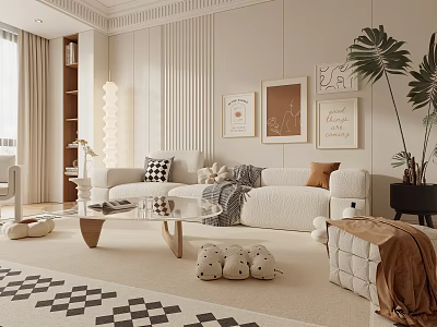 Modern Living Room Interior Design With White Sofa Glass Coffee Table And Decorative Paintings 3d model