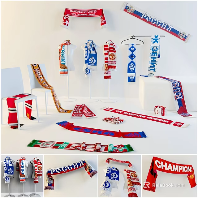 Colorful Sports Team Scarves With Various Designs And Champion Logos On 3d model 
