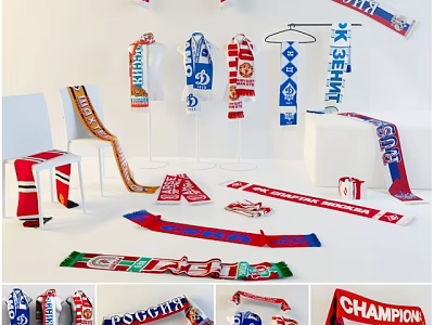 Colorful Sports Team Scarves With Various Designs And Champion Logos On 3d model