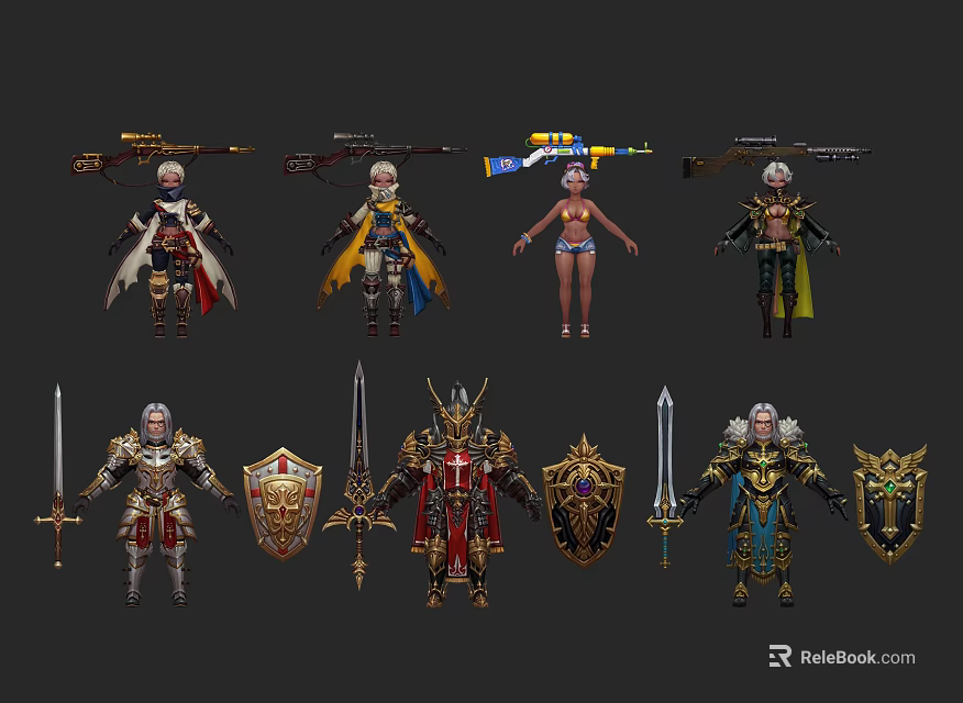 Game and Movie Character Designs Featuring Diverse Armor Swords Shields and Weapons 3d model