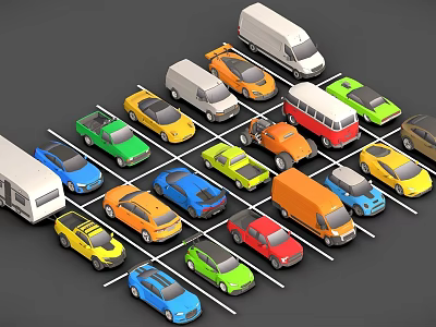 Various Colored Utility Vehicles Including Trucks And SUVs Neatly Parked In Lot 3d model