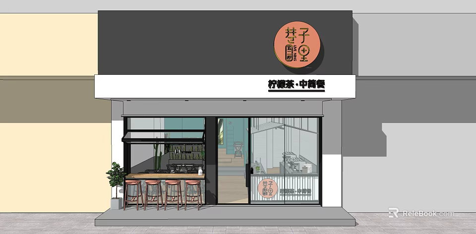 Cozy Chinese Tea Shop Offering Lemon Tea With Glass Door Bar Counter And Chairs 3d model 