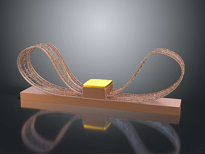 Curved Wire Sculpture With Yellow Square Center Brown Base And Reflective Surface 3d model
