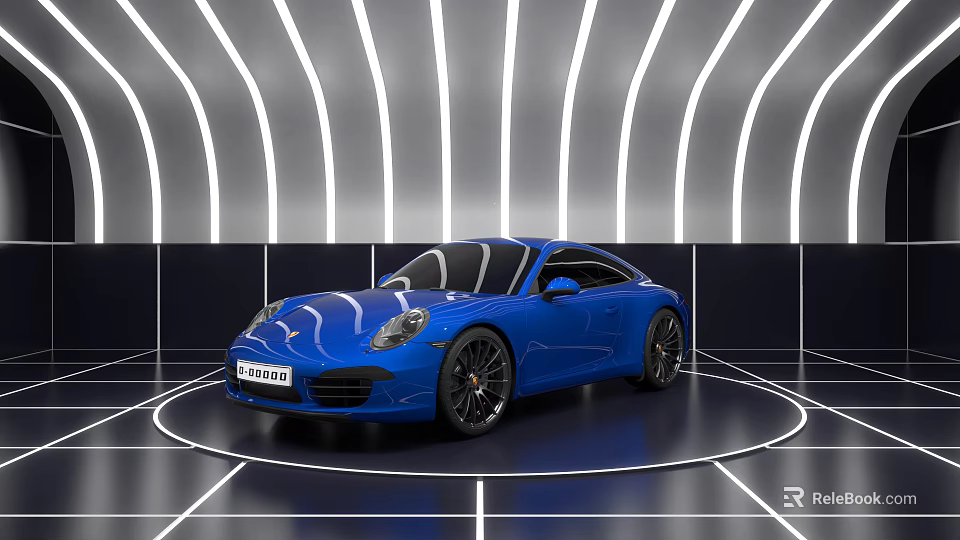 Blue Porsche Sports Car In Modern Showroom With Curved Lights And Floor Lines 3d model 