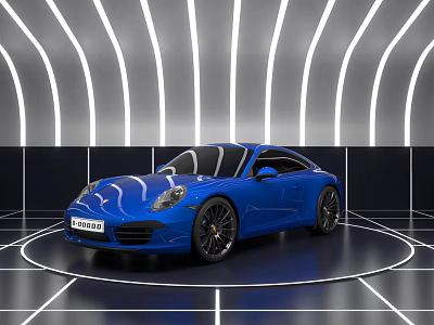 Blue Porsche Sports Car In Modern Showroom With Curved Lights And Floor Lines 3d model