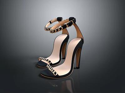 Women's High Heels with Stiletto Heel Metallic Chain Straps Black and Beige Open Toe Design 3d model
