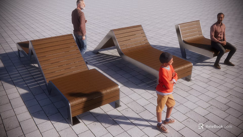 Outdoor Landscape Seats With Wooden Metal Structure For Adults And Children On Paved Ground 3d model 