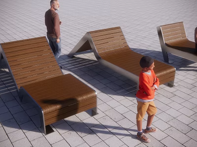 Outdoor Landscape Seats With Wooden Metal Structure For Adults And Children On Paved Ground 3d model