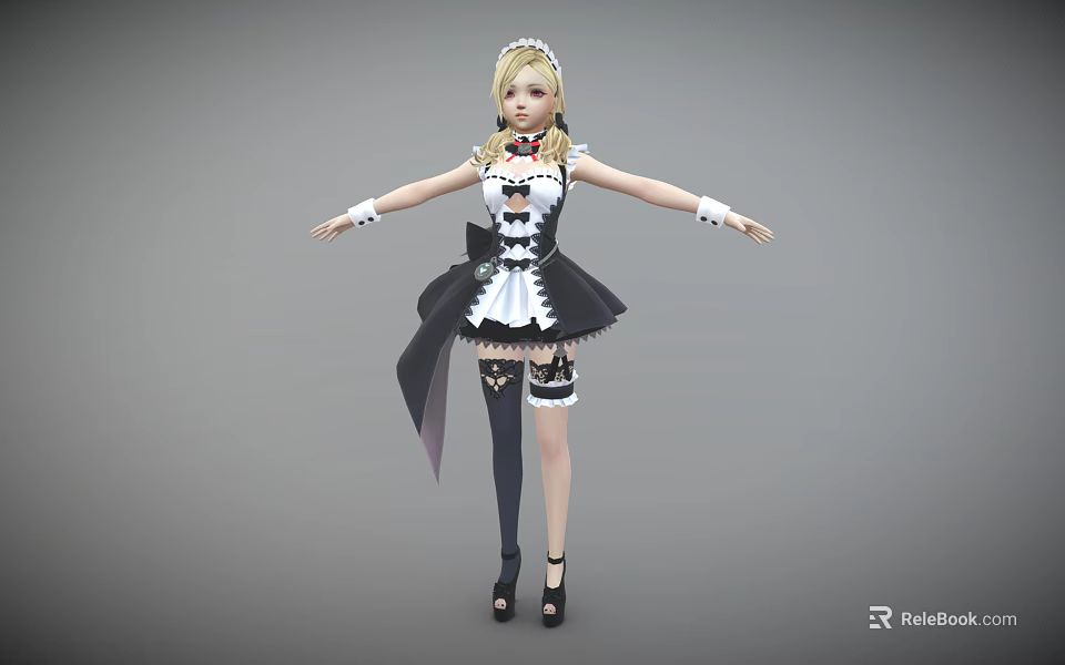 Elegant Maid Costume With Black And White Dress Apron Bow Details Stockings And High Heels 3d model 