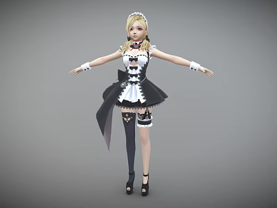 Elegant Maid Costume With Black And White Dress Apron Bow Details Stockings And High Heels 3d model