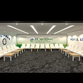 Healthy China Summit Forum Conference Room With White Chairs Wooden Tables And Green Banner