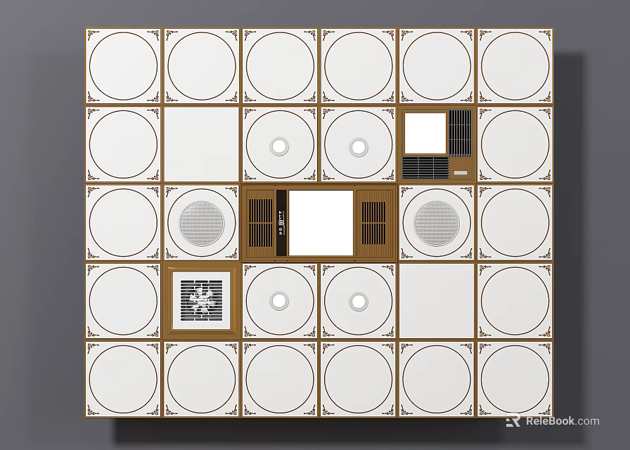 Modern Ceiling Design With Circular Panels And Square Grilles Layout 3d model 