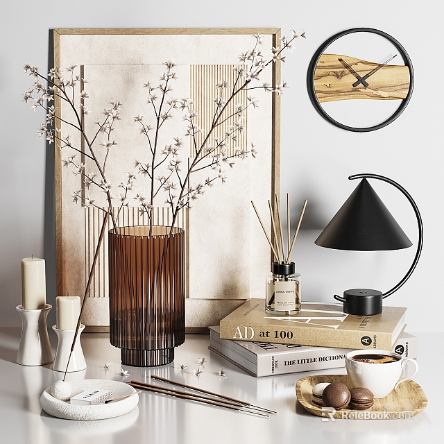 Decorative Ornament Set With Vase Twigs Candles Books Diffuser Lamp And Coffee Cup 3d model 
