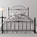 Double Bed White Metal Frame Headboard Design Light Blue Bedding Nightstand Lamp Black Option
