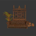 Classic Brown Sofa With Ornate Wooden Decorative Furniture Green Plant And Stacked Books
