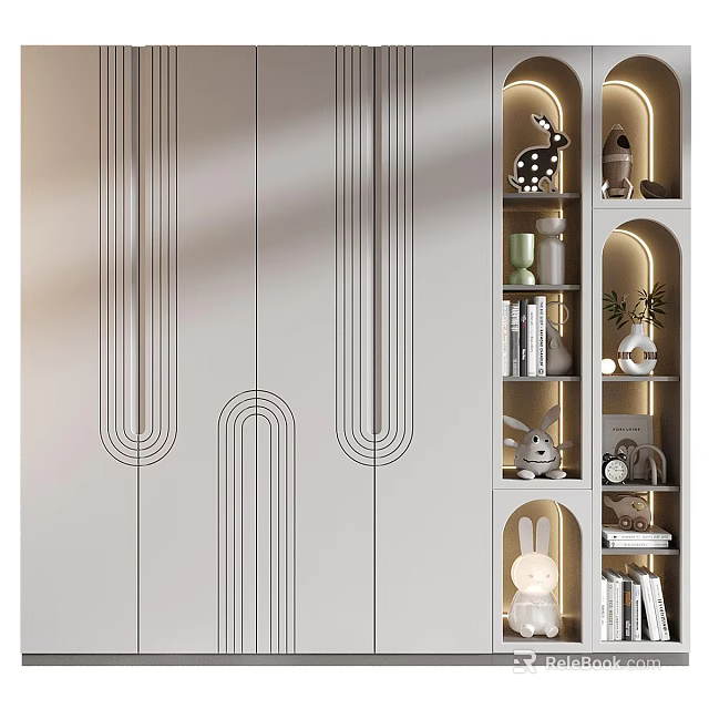 Modern Light Gray Wardrobe with Geometric Line Patterns and Open Shelves with Decorative Figurines 3d model 